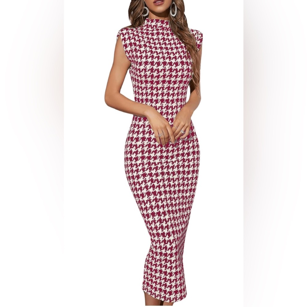 WDIRARA Women's Houndstooth Mock Neck Sleeveless Shoulder Pads Bodycon Dress